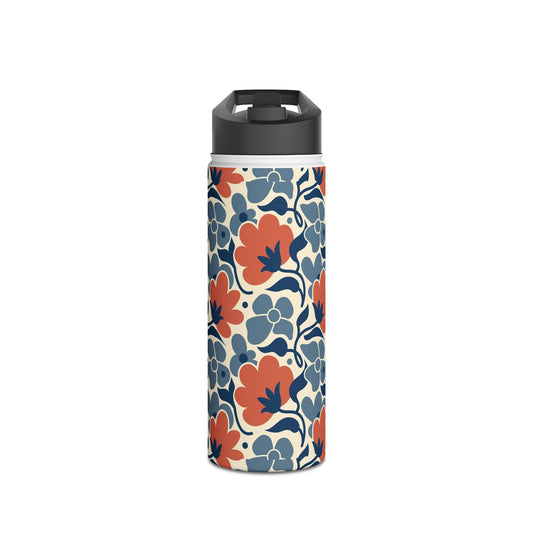 Floral Pattern Stainless Steel Water Bottle — Retro Blue & Coral