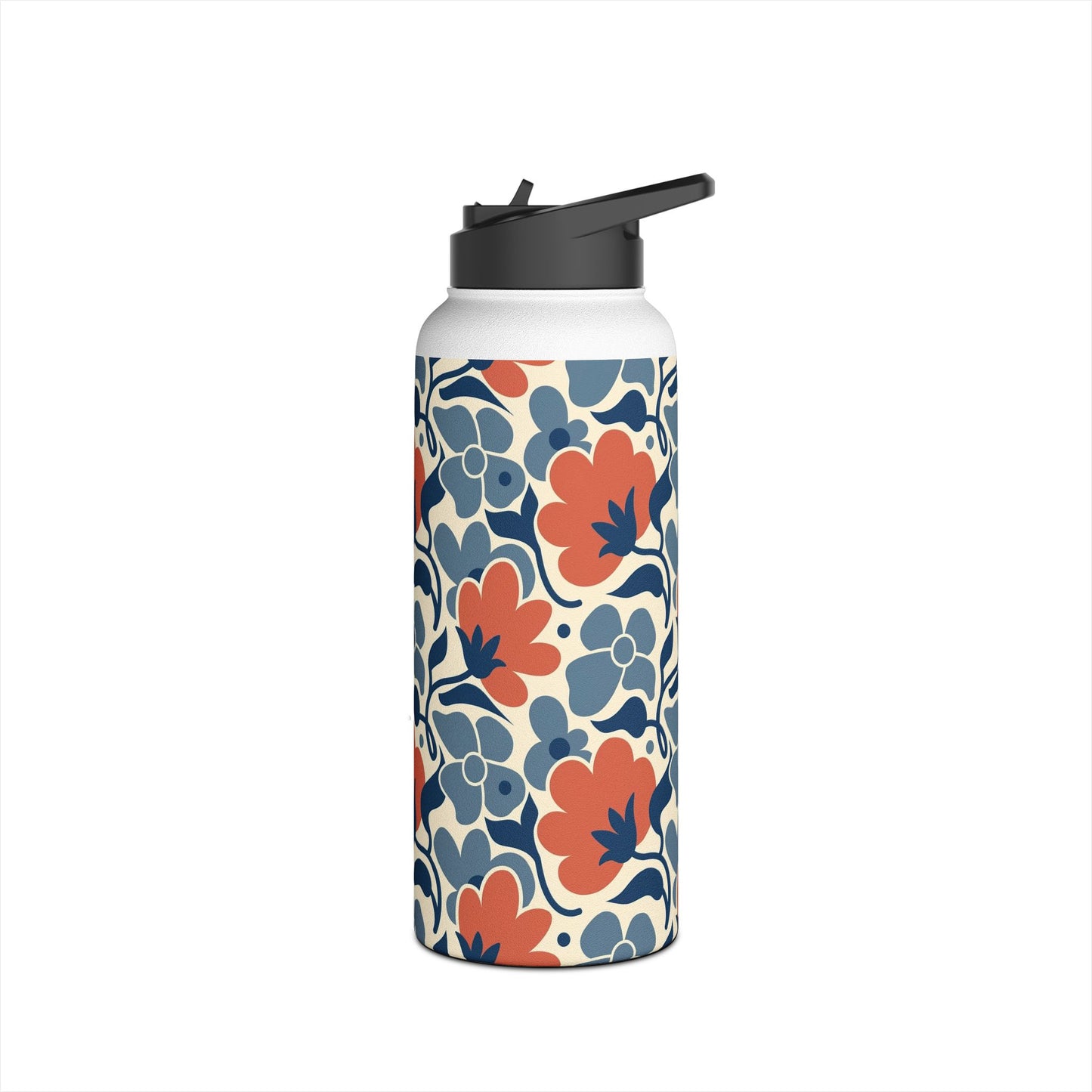 Floral Pattern Stainless Steel Water Bottle — Retro Blue & Coral