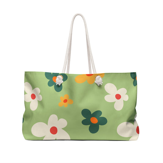 Floral Weekender Bag — Retro Green Daisy Travel Tote