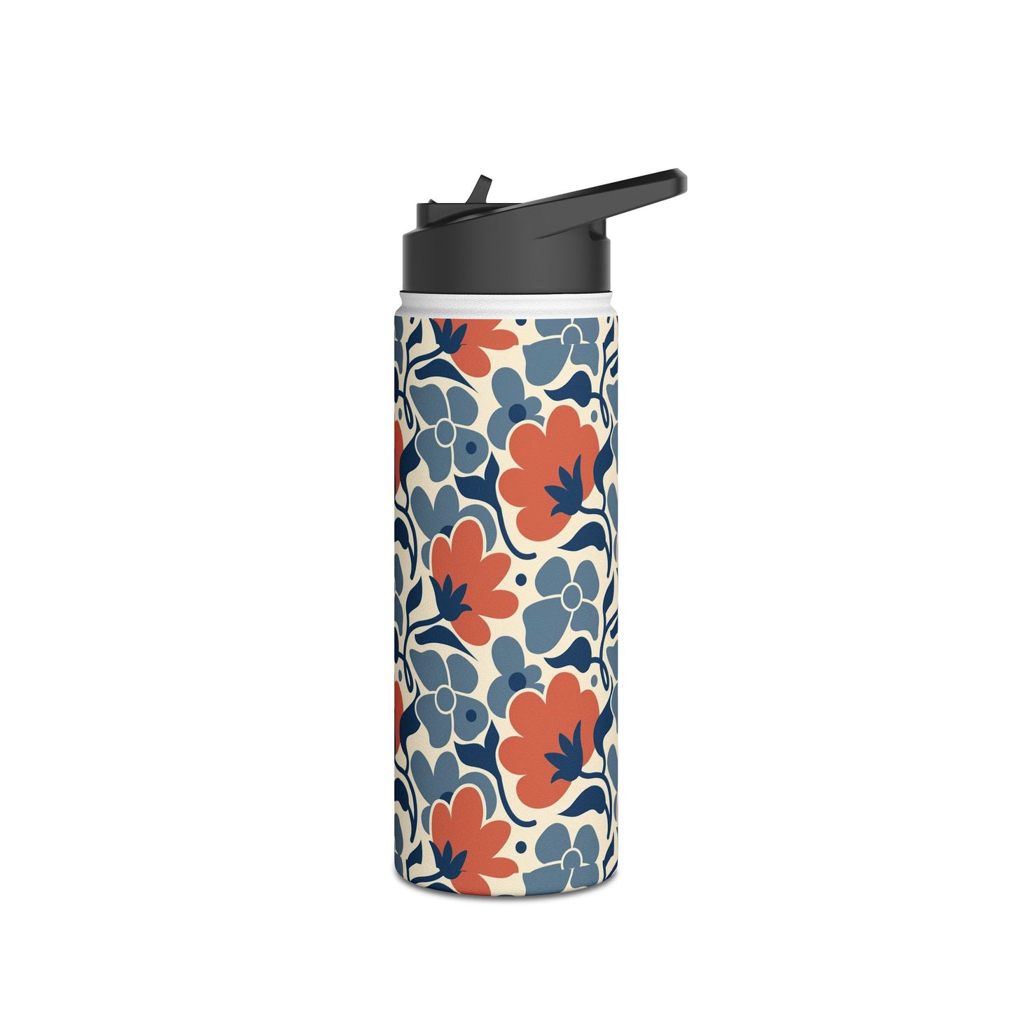 Floral Pattern Stainless Steel Water Bottle — Retro Blue & Coral