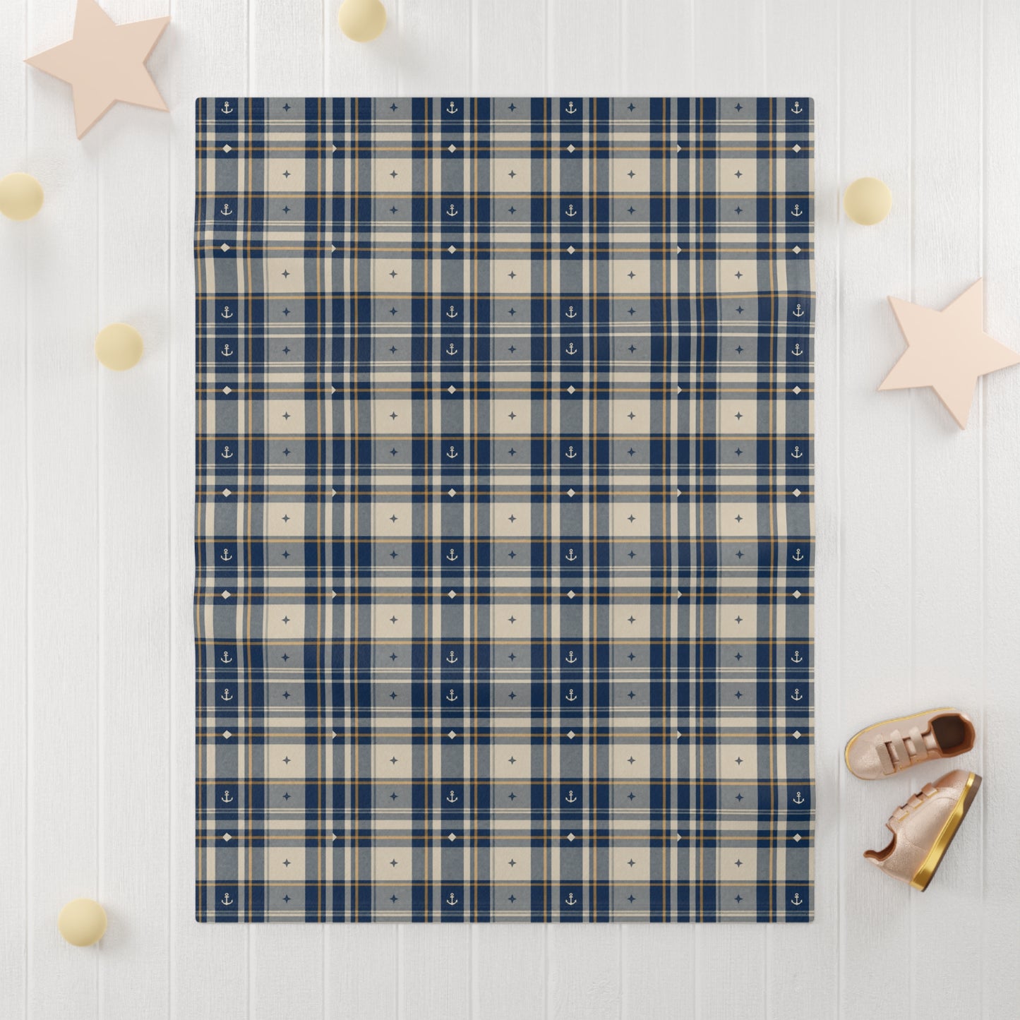 Navy & Cream Plaid Baby Blanket – Soft Fleece Nursery Throw