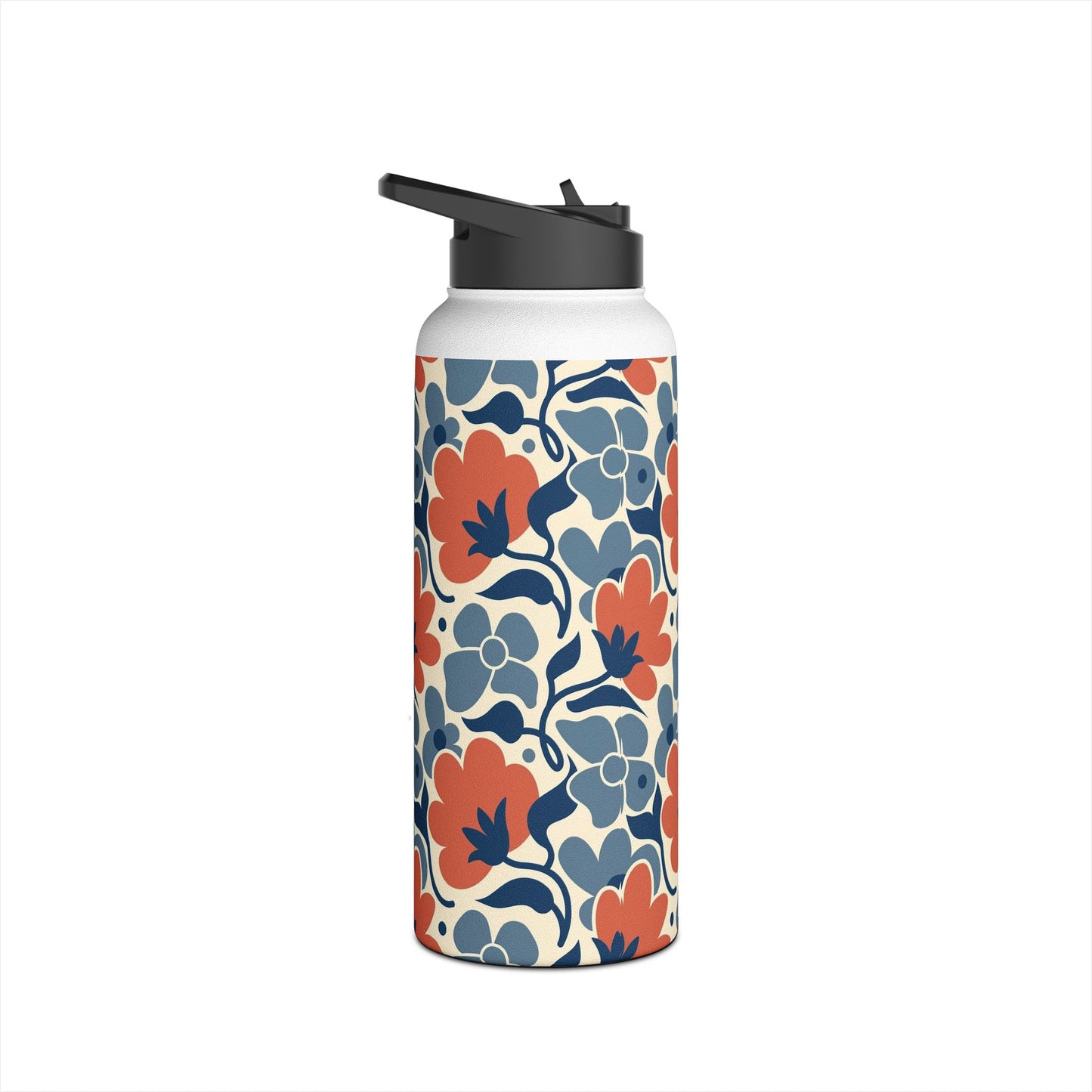 Floral Pattern Stainless Steel Water Bottle — Retro Blue & Coral