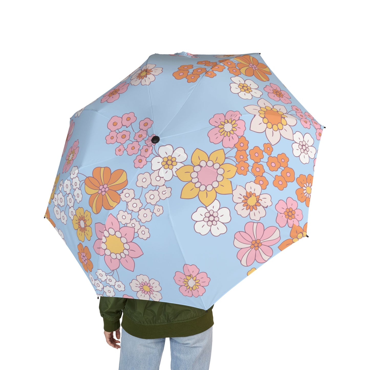 Foldable Umbrella — Retro Pastel Floral Print, Semi‑Automatic Compact Travel Umbrella