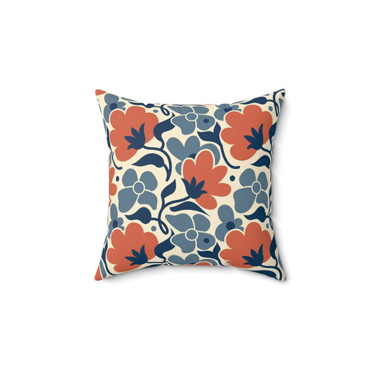 Floral Retro Suede Pillow — Coral & Navy Vintage Pattern