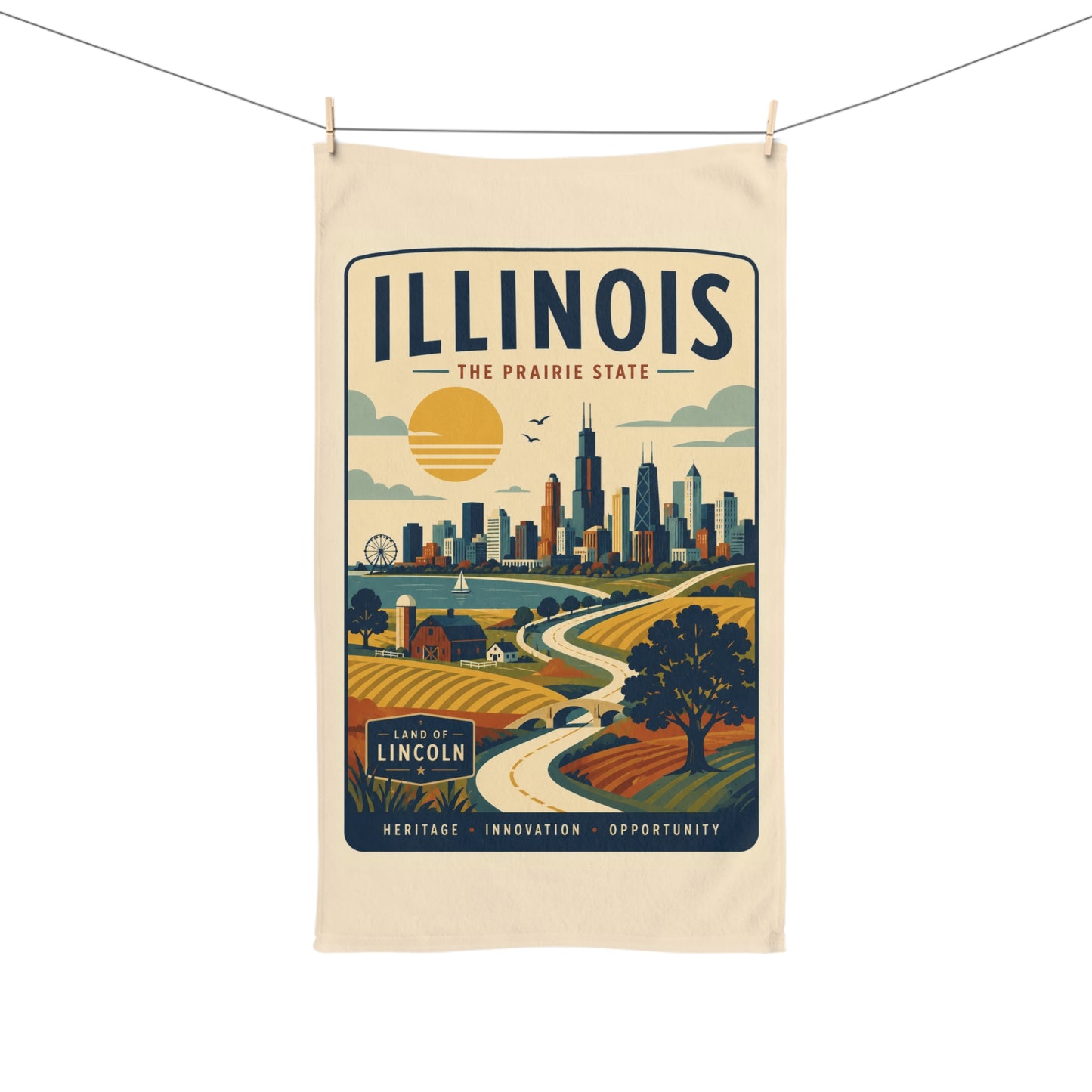 Illinois Vintage Travel Hand Towel – The Prairie State Skyline Design