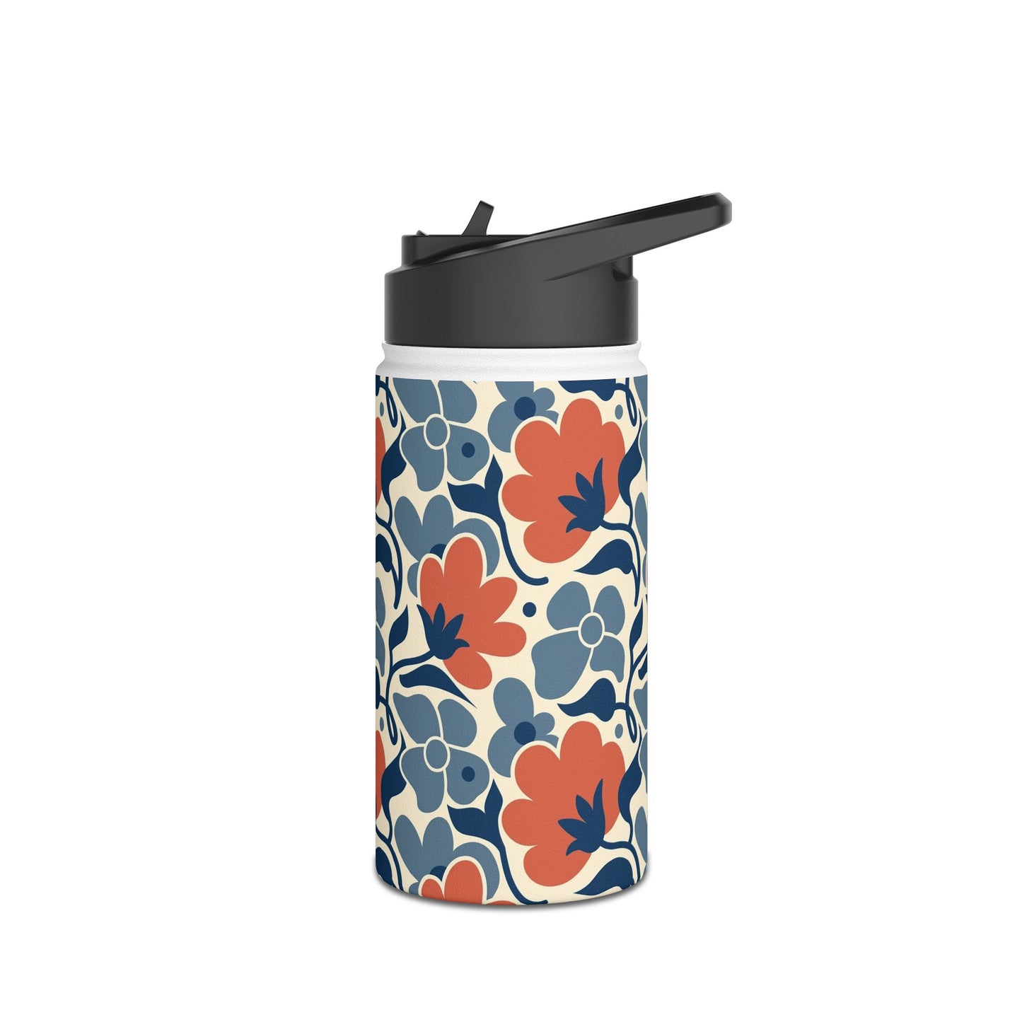 Floral Pattern Stainless Steel Water Bottle — Retro Blue & Coral