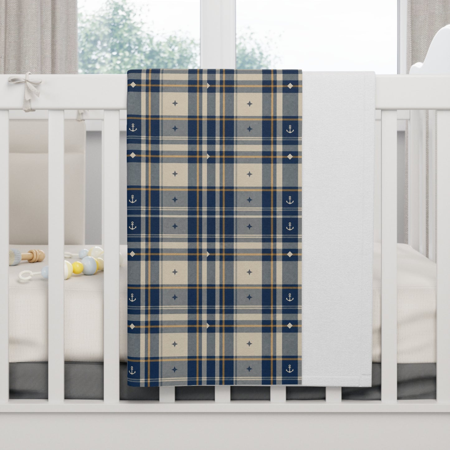 Navy & Cream Plaid Baby Blanket – Soft Fleece Nursery Throw