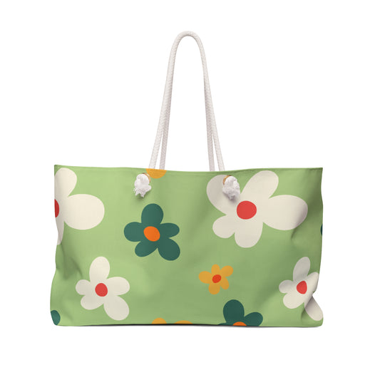 Floral Weekender Bag — Retro Green Daisy Travel Tote