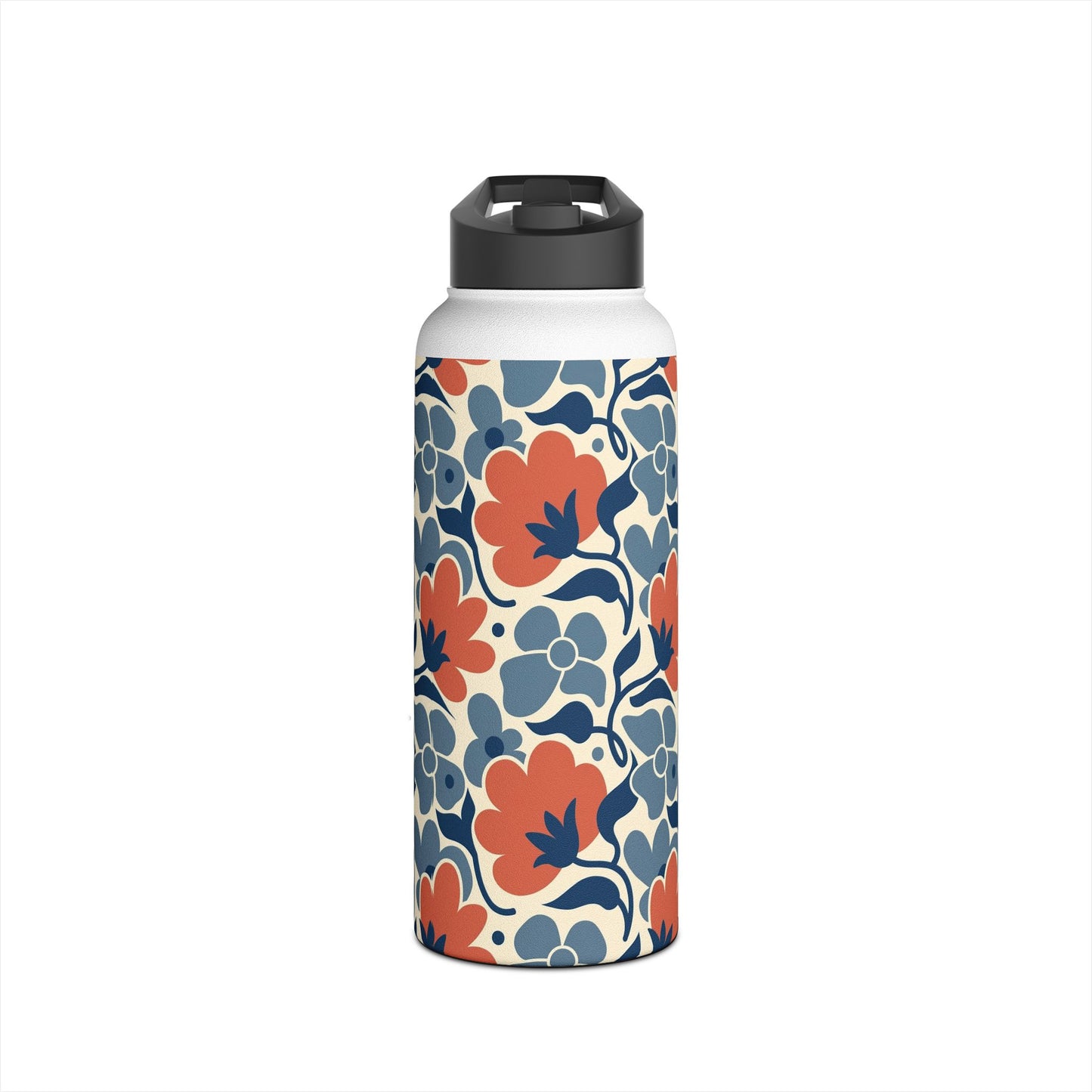 Floral Pattern Stainless Steel Water Bottle — Retro Blue & Coral
